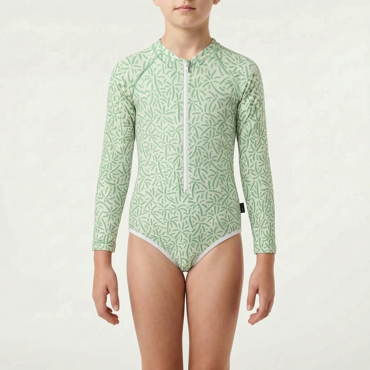 Long-sleeve children's swimsuit, high neck for full coverage. Perfect for summer beach and pool days.