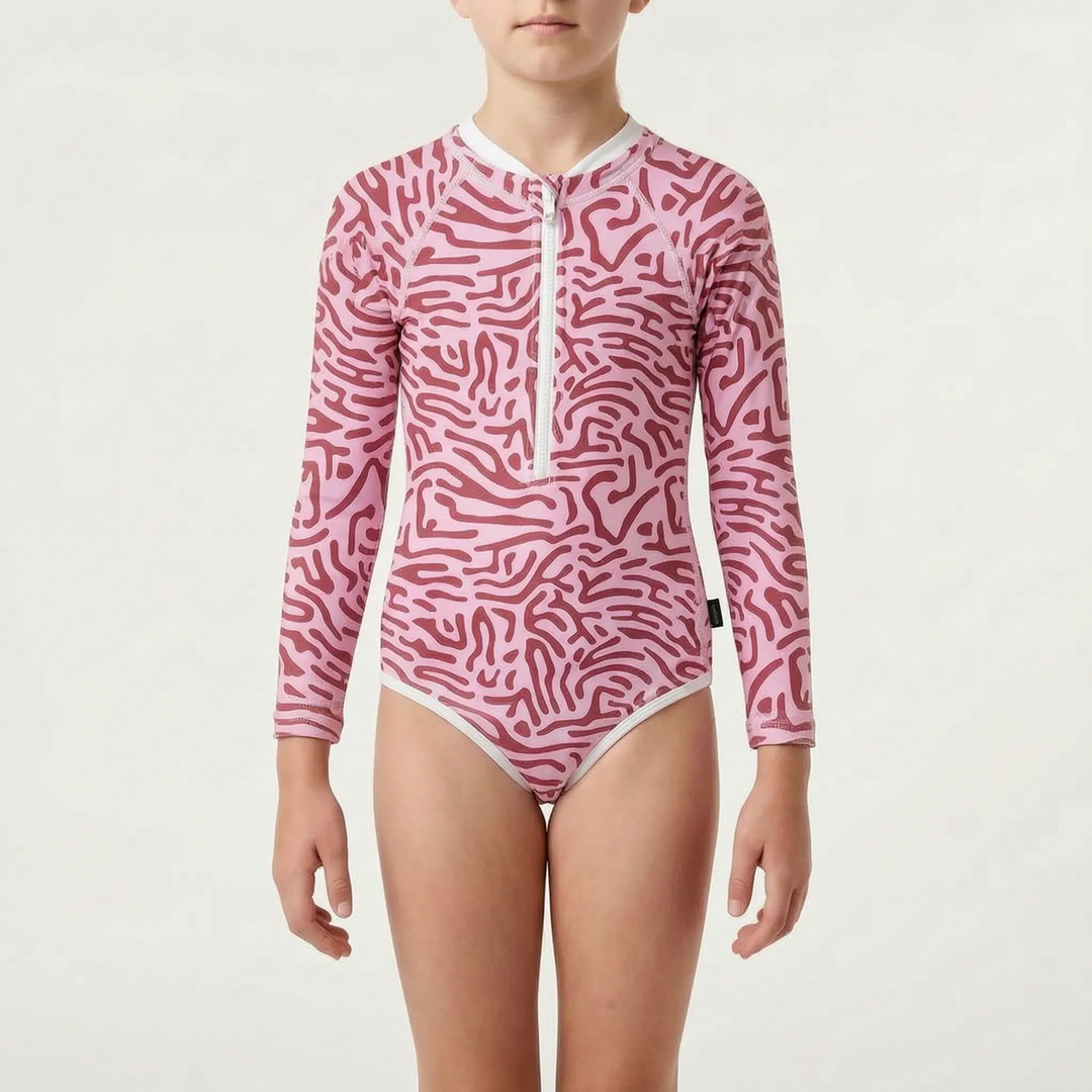 Summer essential: Kids' long-sleeve one-piece swimsuit with UPF 50+ sun protection for all-day play.
