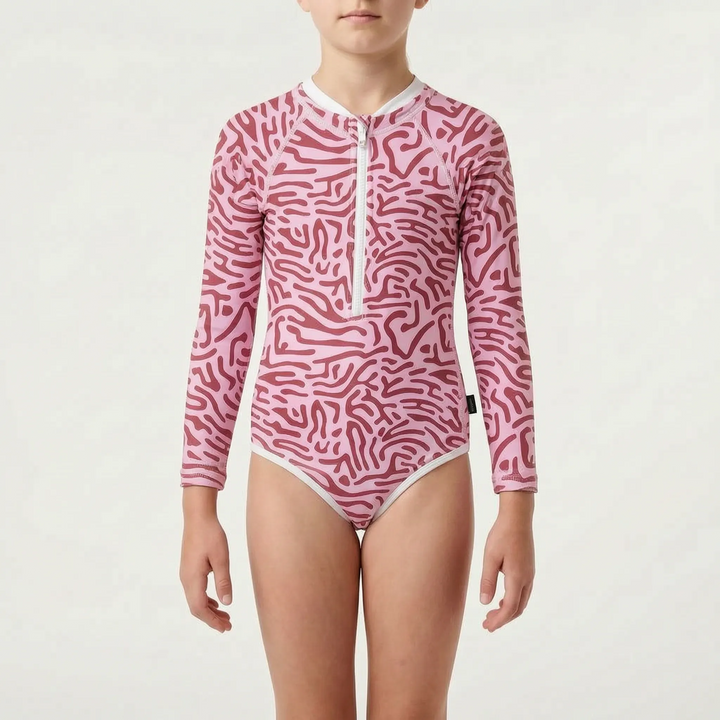 Summer essential: Kids' long-sleeve one-piece swimsuit with UPF 50+ sun protection for all-day play.
