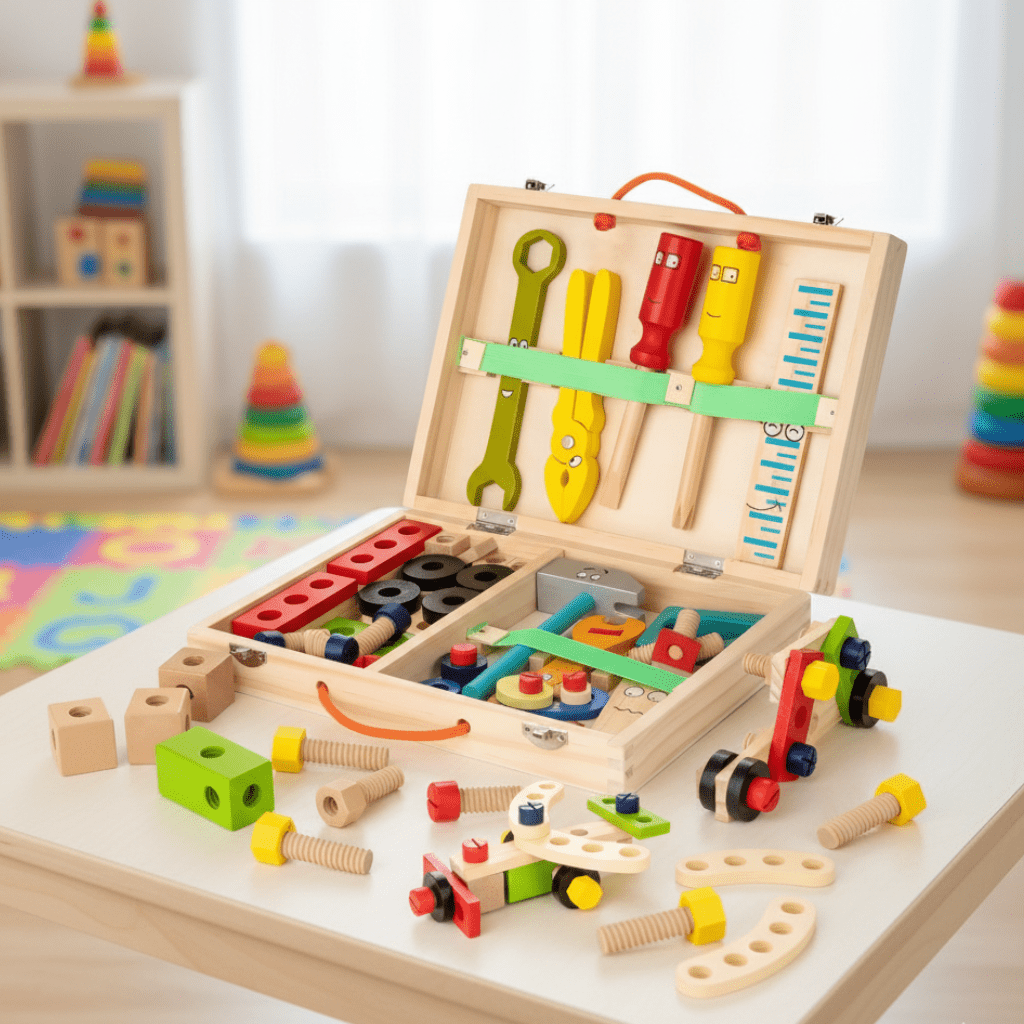 Kids' Montessori wooden tool case with various tools & accessories for early construction skills & fine motor development.