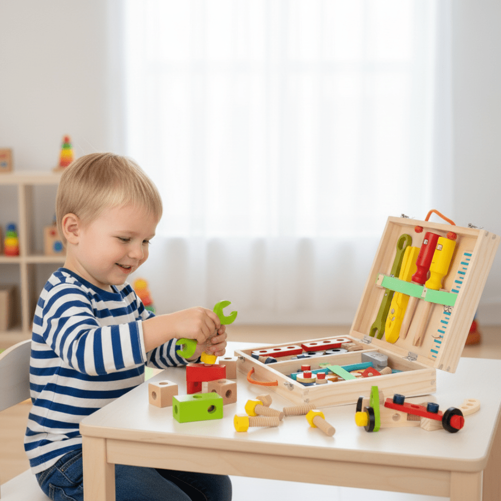 Open Montessori wooden tool case revealing neatly organized hammer, wrench, screwdriver, nuts, bolts for kids' play.