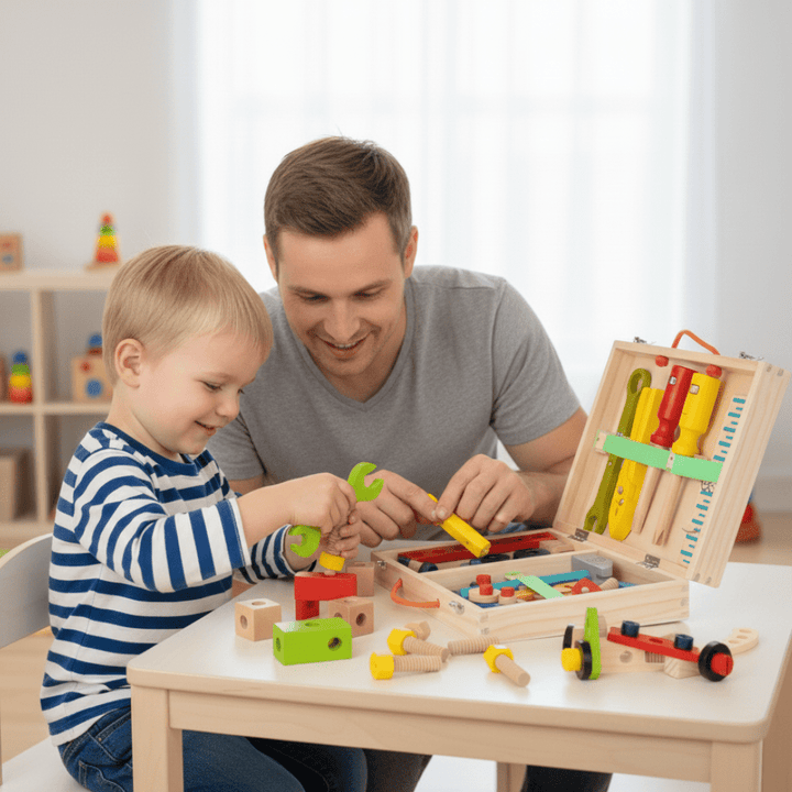 Toddler happily building with Montessori wooden tool case, developing fine motor skills & early construction abilities.