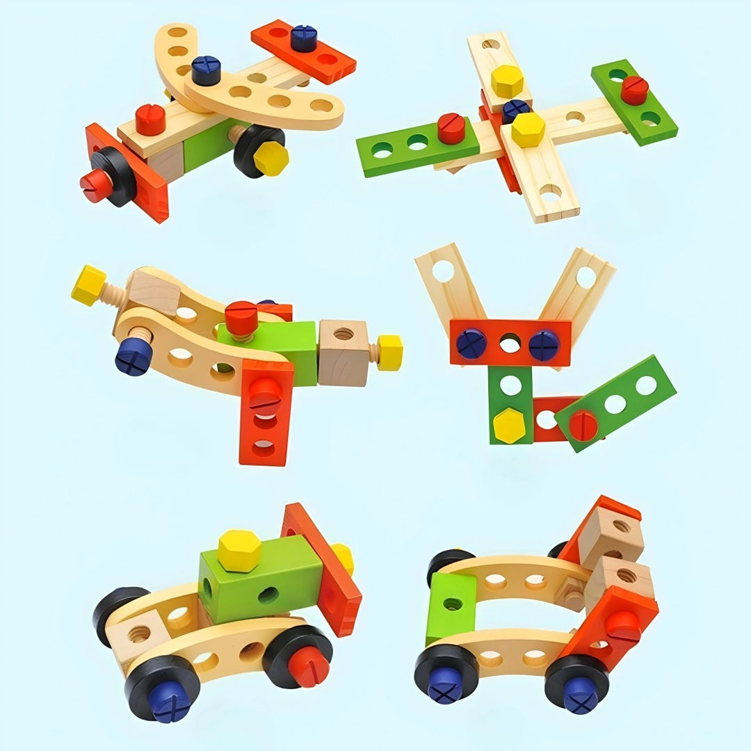 Close-up of a sturdy wooden hammer from the Montessori kids' tool set, perfect for safe pretend play & building.