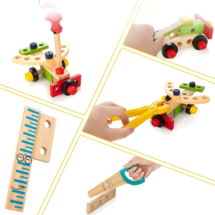 Assorted wooden nuts, bolts, and building pieces from the Montessori construction set, fostering early engineering skills.