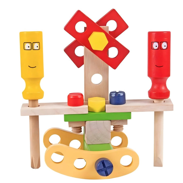 Montessori wooden tool case displayed on a colorful play mat, ready for hours of engaging educational preschool learning.