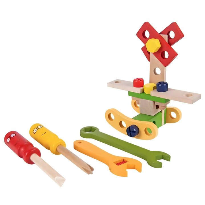 Portable Montessori wooden tool case, perfect for tidy storage & on-the-go construction fun; ideal toddler gift.