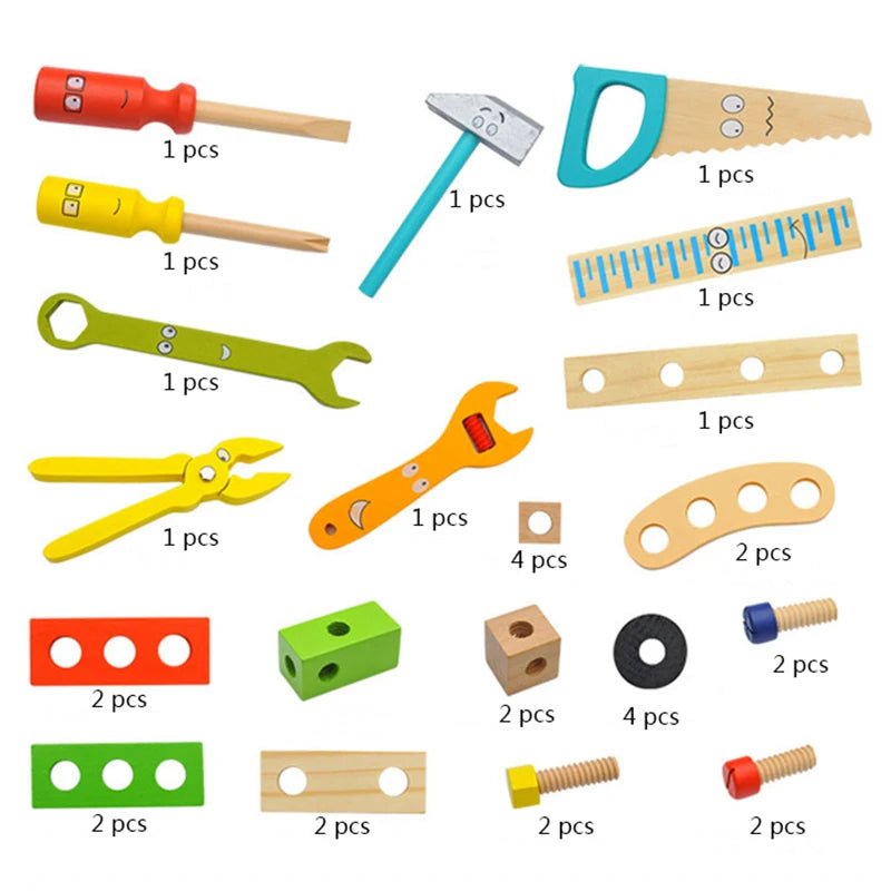 Montessori wooden tool kit encouraging fine motor skill development, problem-solving, and dexterity in young builders.