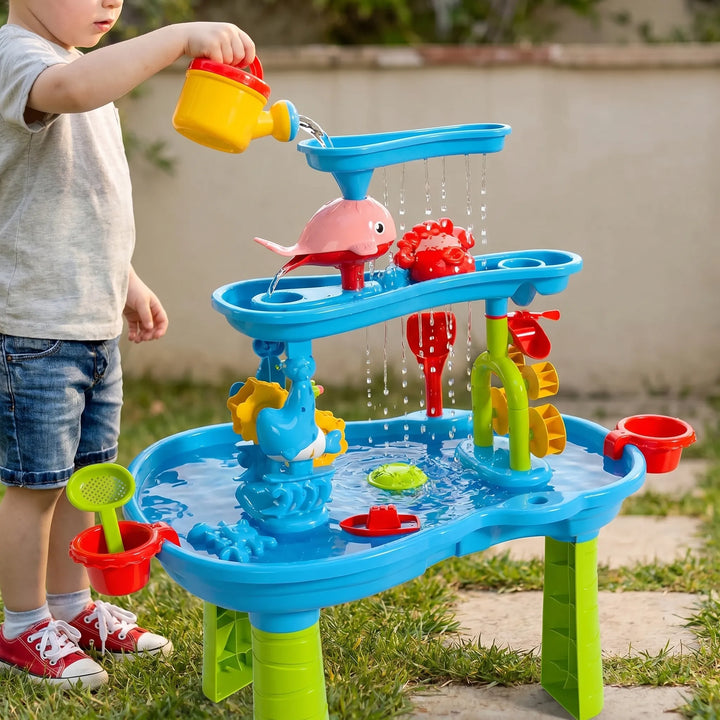 Kids' multi-level sensory water play table for outdoor fun, encouraging creative toddler wet & dry play activities.