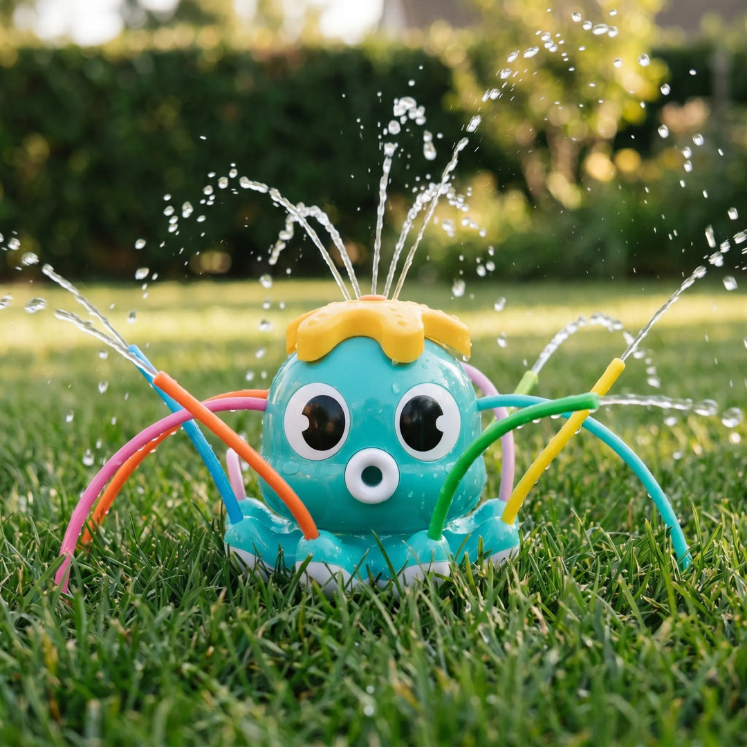 Kids' Octojet Octopus Sprinkler, a vibrant water toy for dynamic backyard summer play and splash fun.