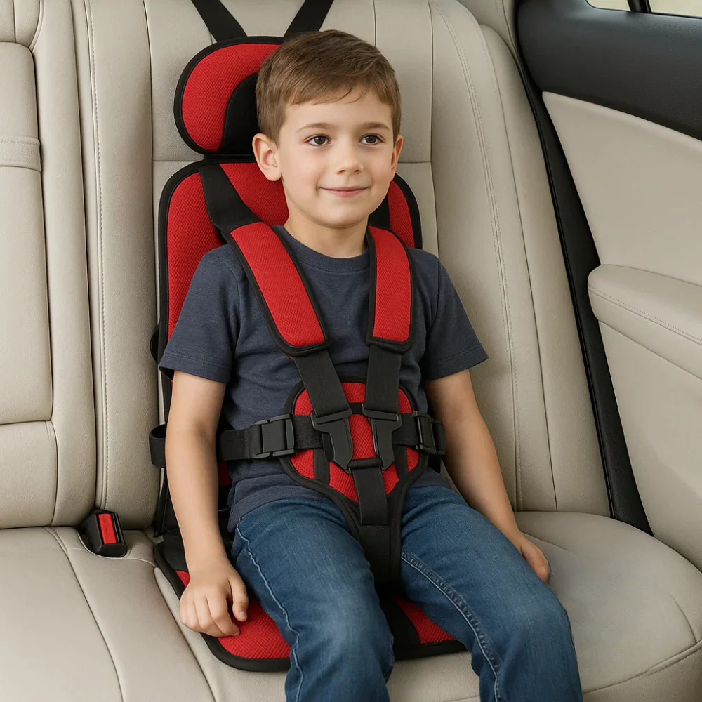 Adjustable kids' travel car seat harness. Provides secure 5-point restraint for child safety in vehicles.