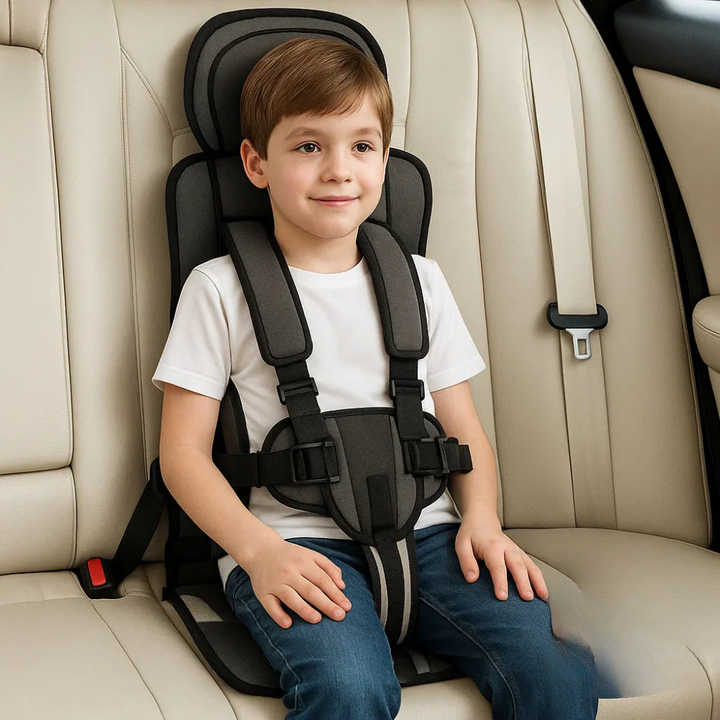 Kids' travel safety harness. Portable child car seat alternative, secure booster for road safety.