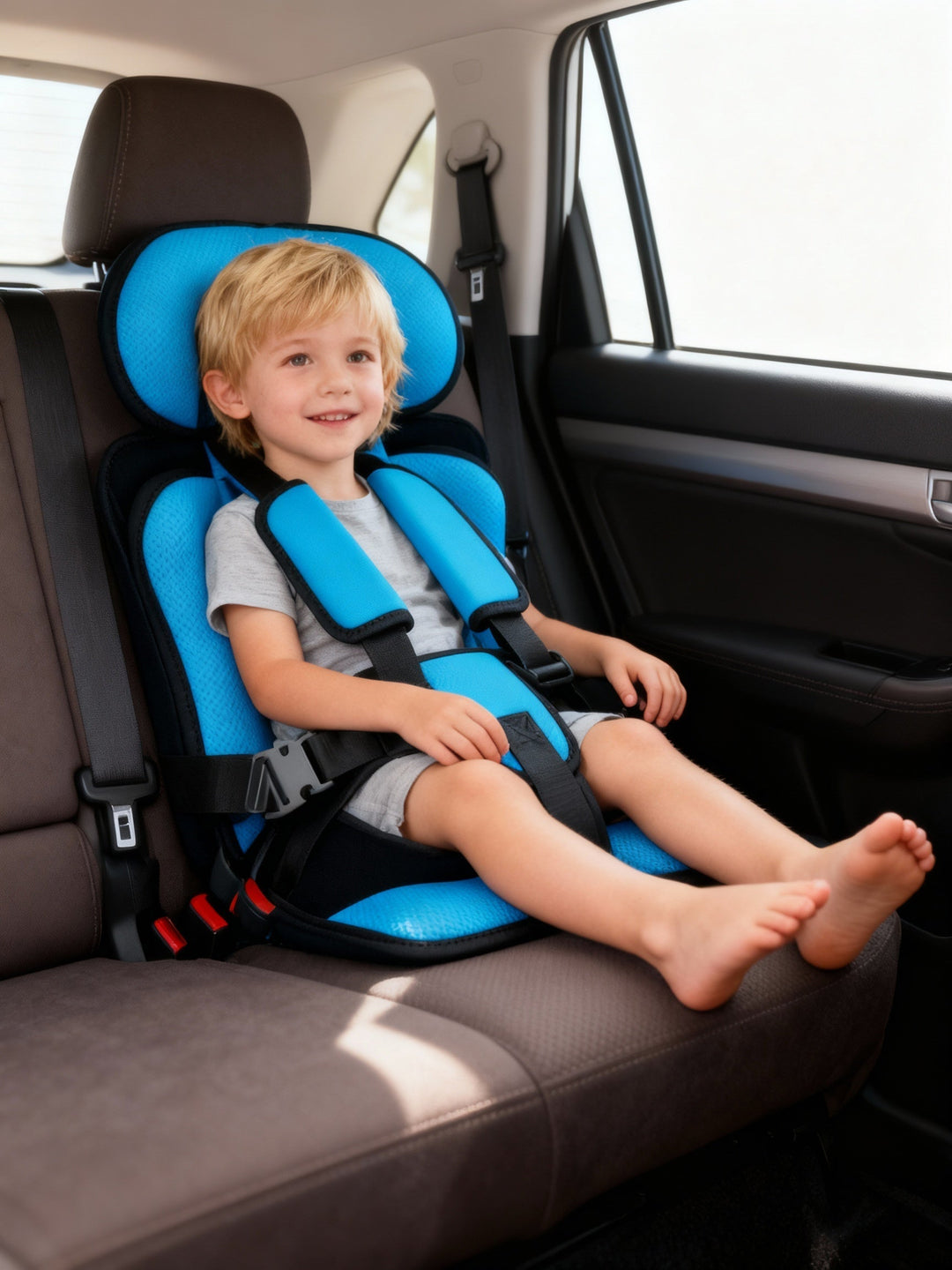 Kids' portable travel car seat with 5-point safety harness, ideal toddler booster for compact travel.