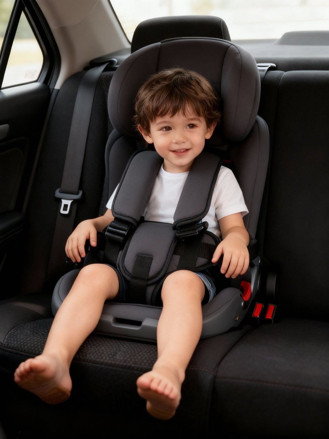 Kids' portable car seat with a washable cover and robust 5-point safety harness for travel.