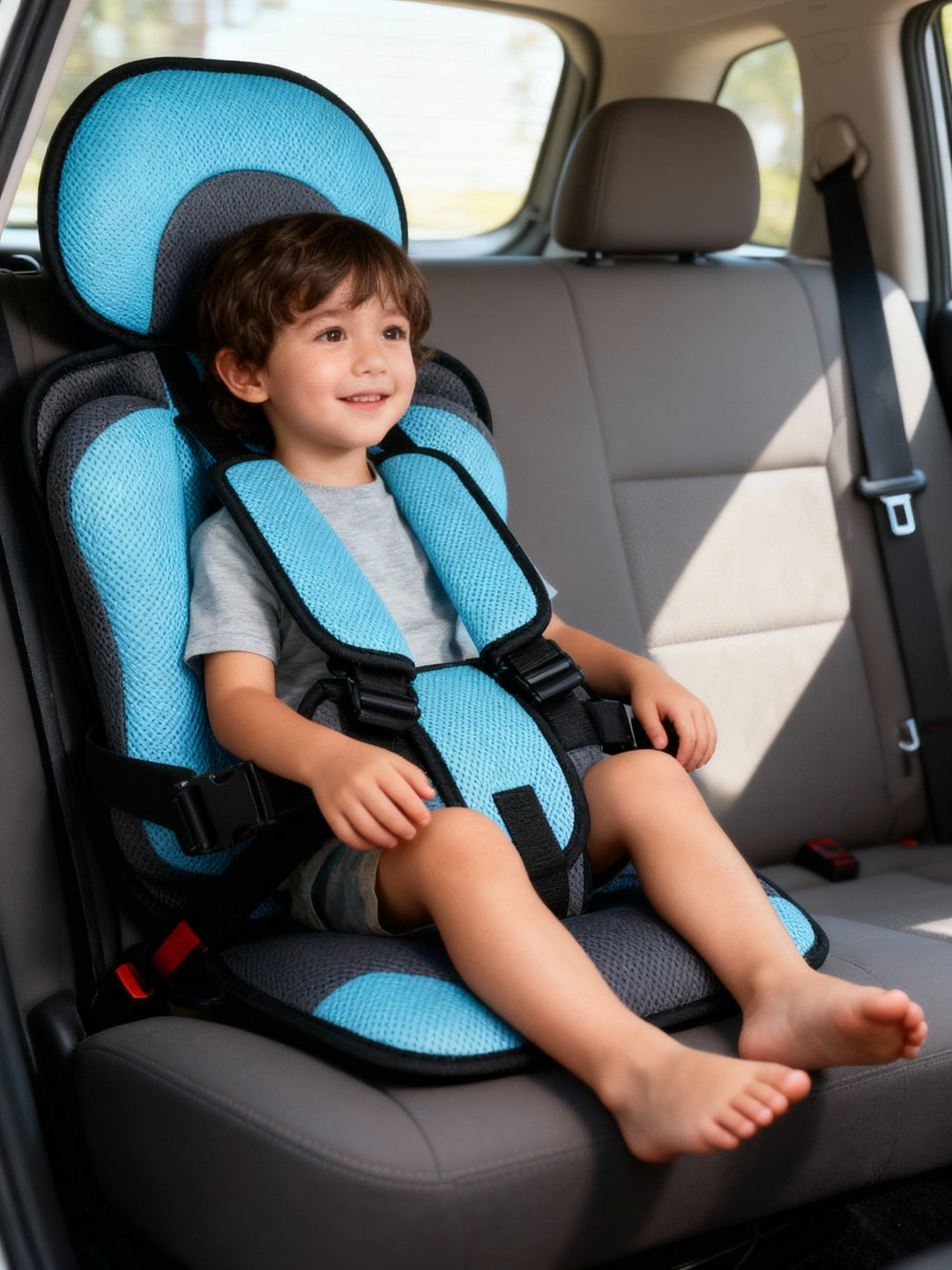 Kids' travel car seat, a lightweight portable booster with an adjustable safety harness.
