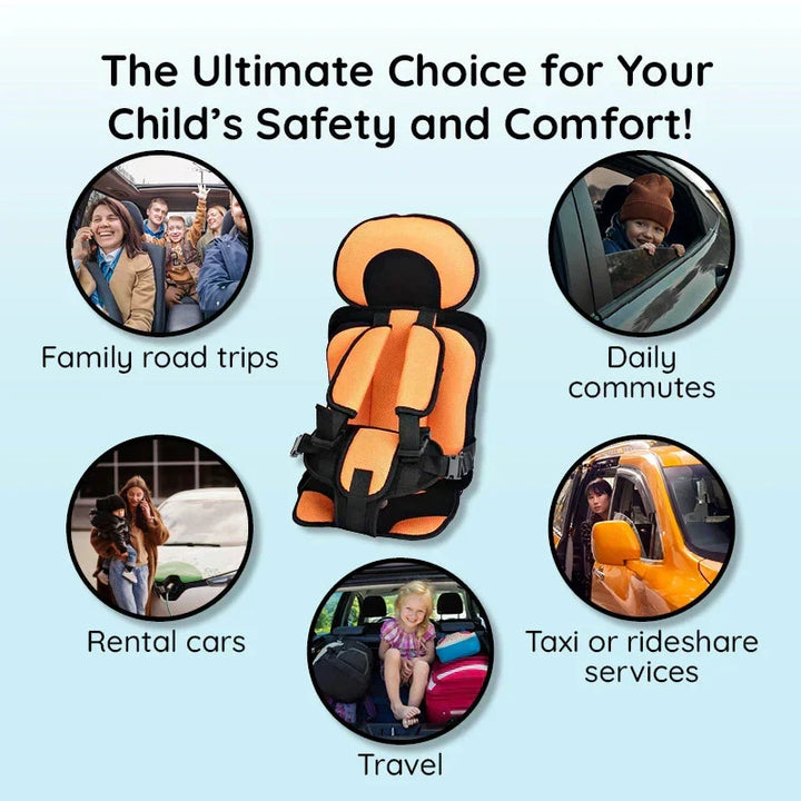 Compact child safety booster seat, portable for travel with a secure 5-point harness.