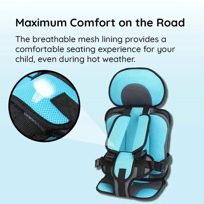 Toddler portable car seat, perfect travel gear with a washable cover and safety harness.