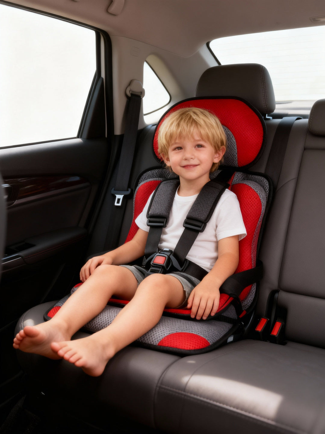 Convenient portable car seat with 5-point safety harness, perfect for busy parents.