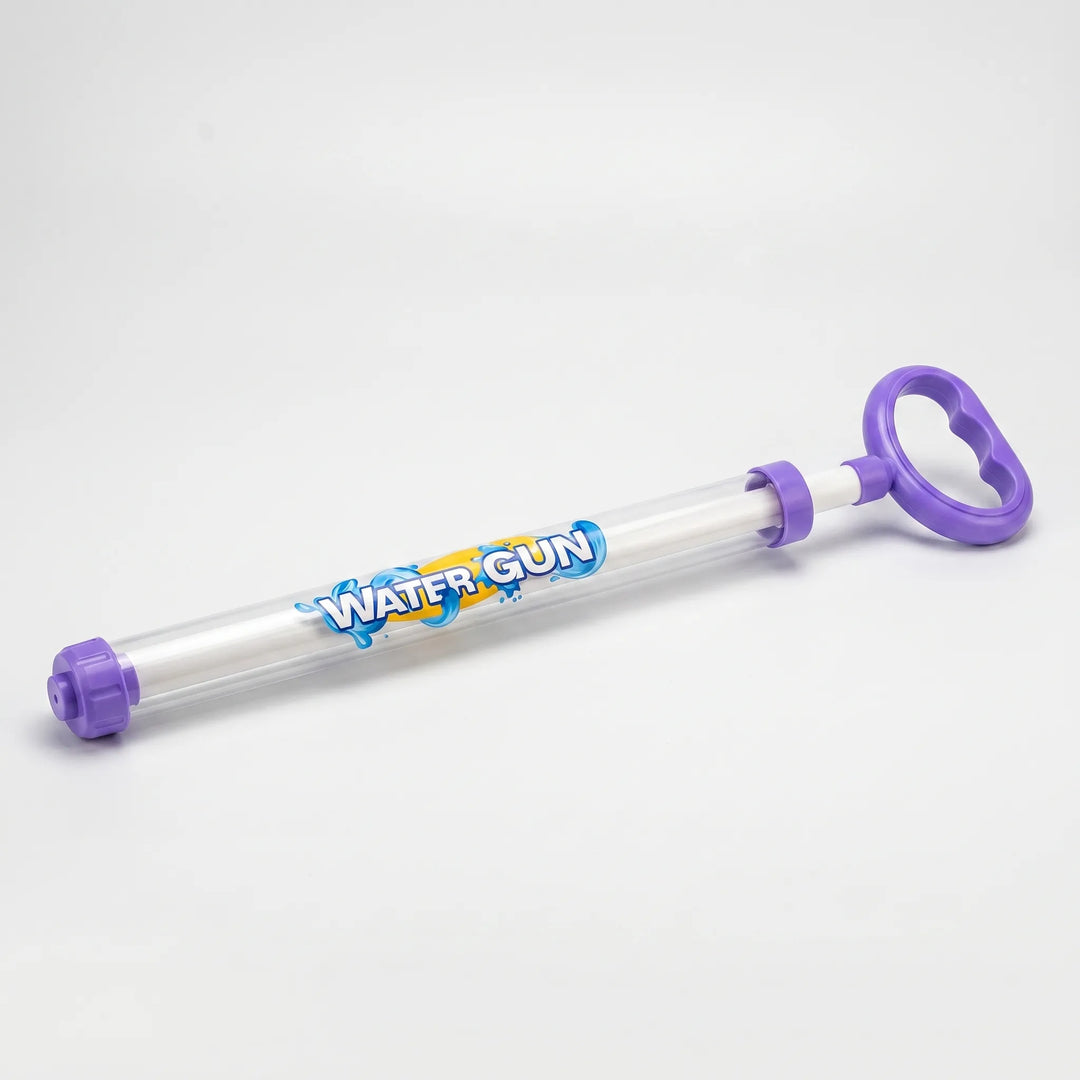 Happy children playing with vibrant pull-action water guns, perfect for pool or beach fun.