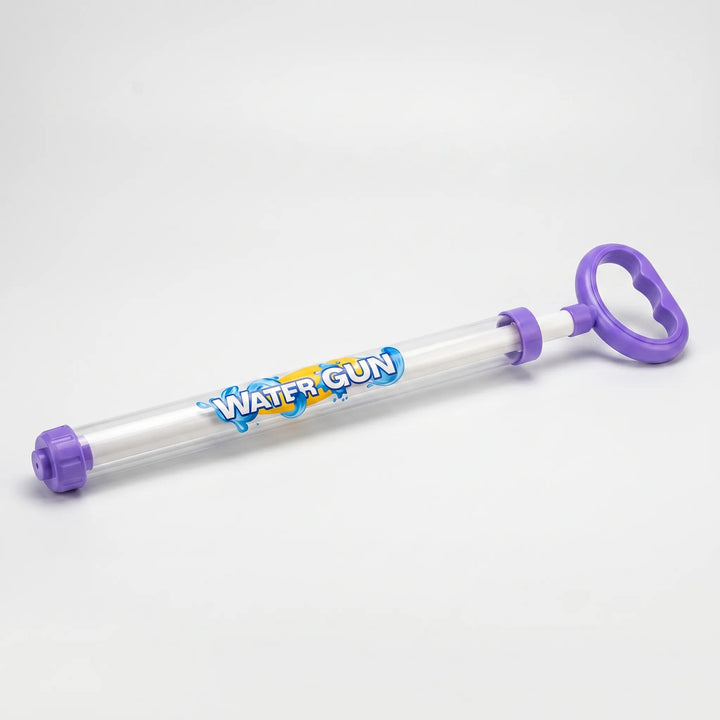 Happy children playing with vibrant pull-action water guns, perfect for pool or beach fun.