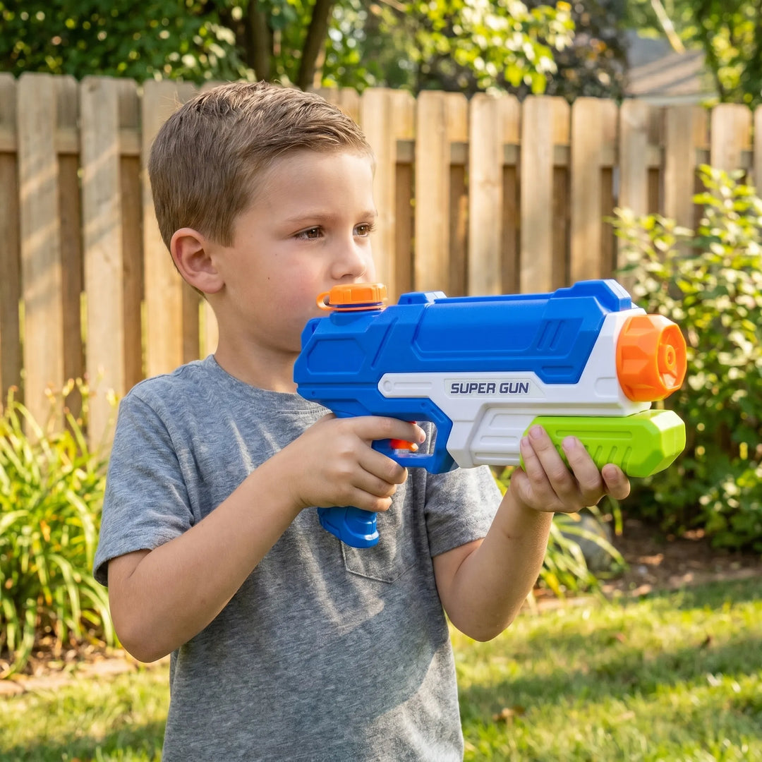 Kids' pump-action water blaster for exciting outdoor splash fun. Perfect for summer backyard play.
