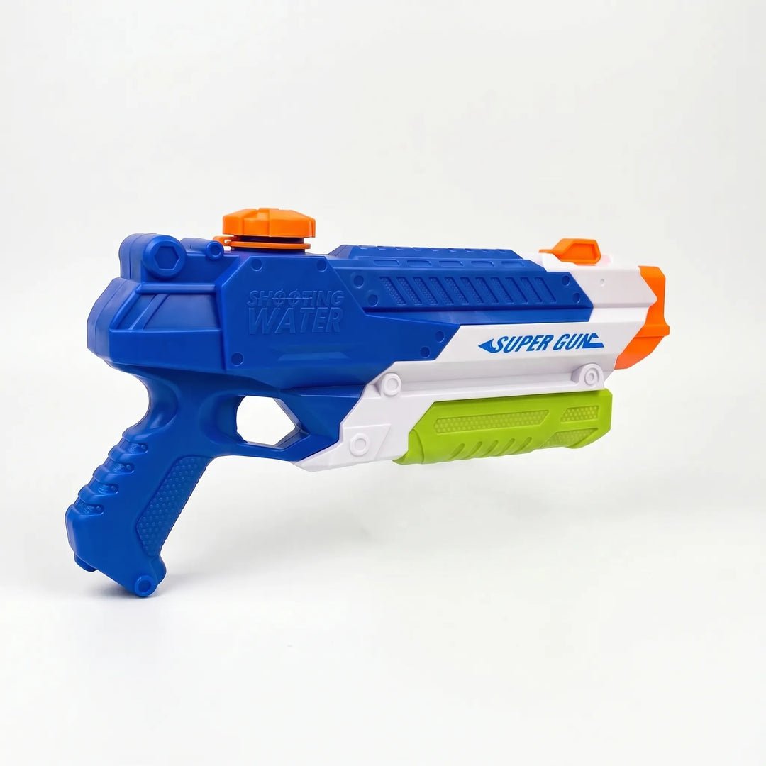 Children enjoying a pump-action water toy during summer outdoor games, creating joyful splashes.