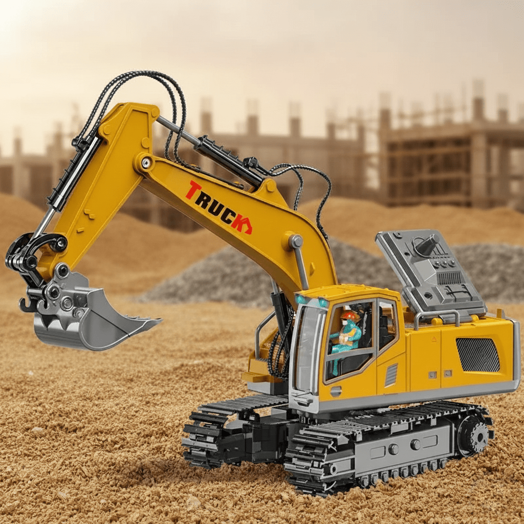 Kids' RC metal excavator toy with lights & sounds. Yellow & black construction play vehicle for children.