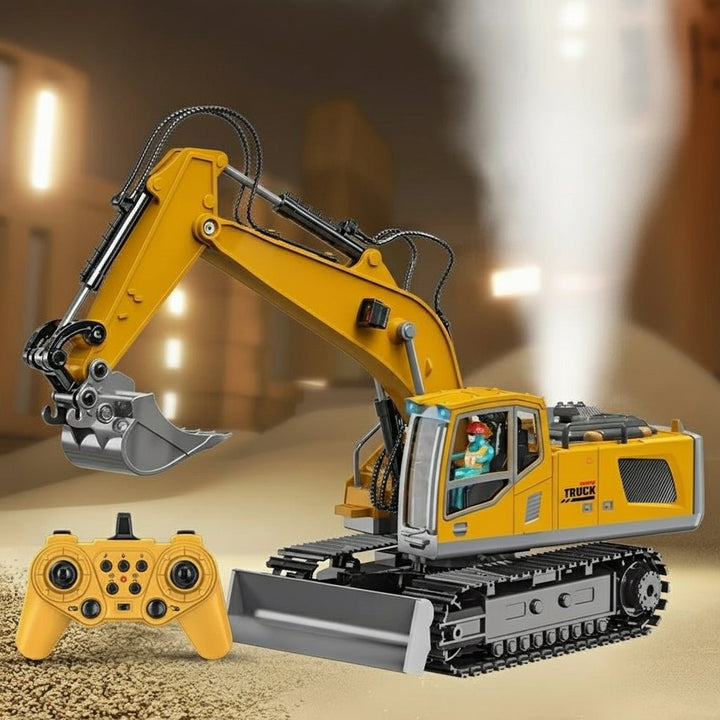 Yellow metal RC excavator, a remote control toy for kids. Construction vehicle with lights & sounds.