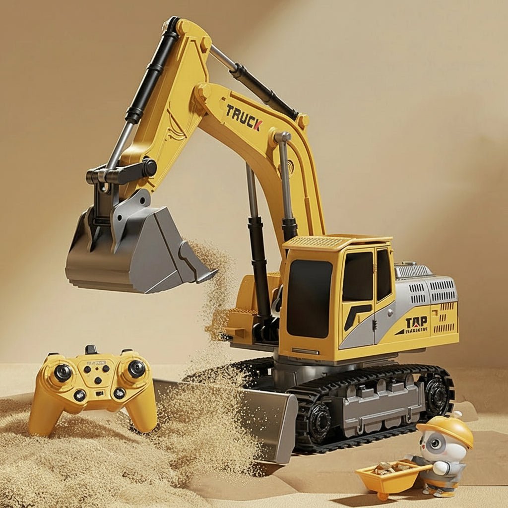 Child controlling a yellow metal RC excavator toy. Remote control construction vehicle for engaging play.