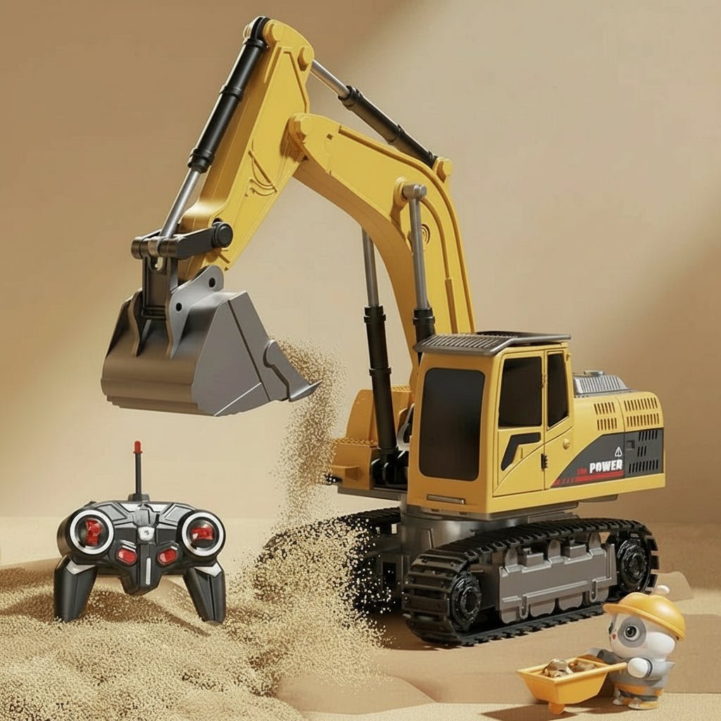 Boxed yellow & black metal RC excavator toy. Remote control construction vehicle with lights & sounds for kids.