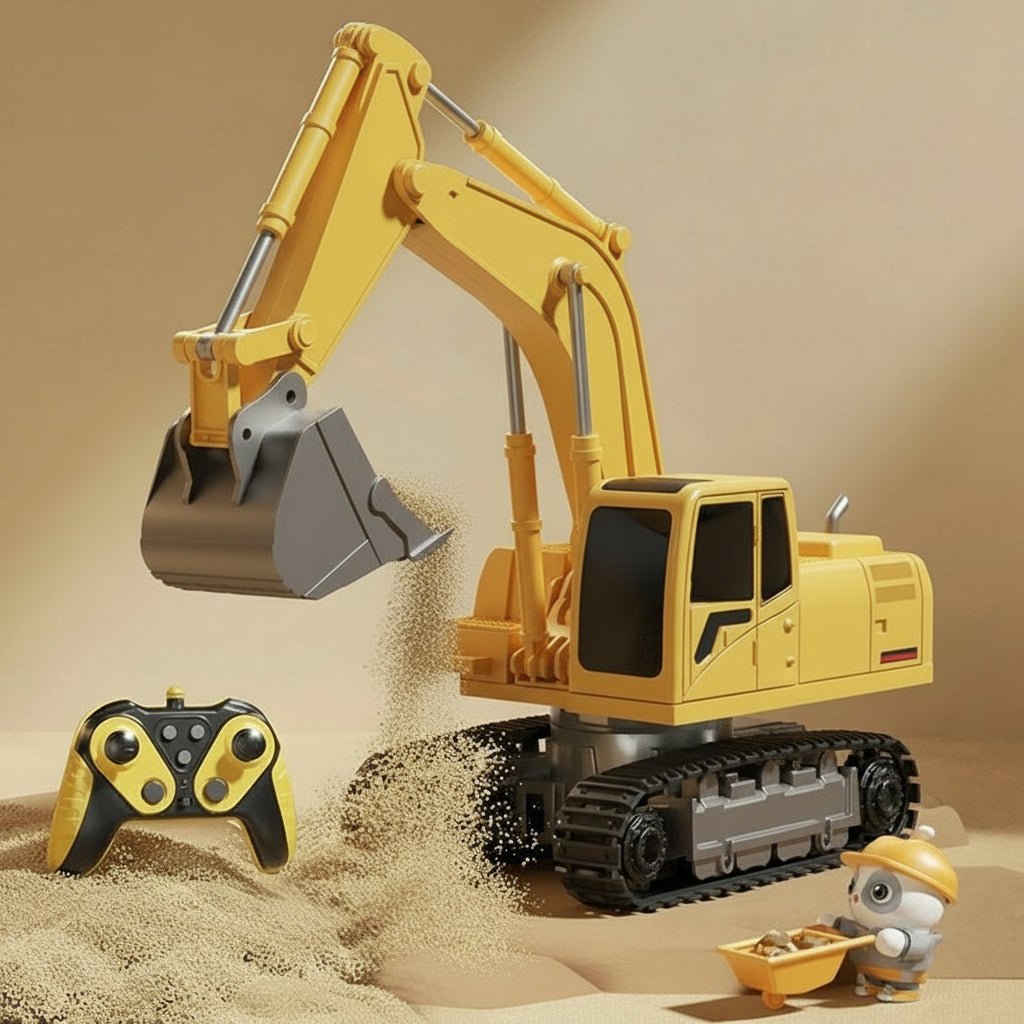 Heavy-duty metal RC excavator toy for kids. Yellow & black remote control construction vehicle with lights & sounds.