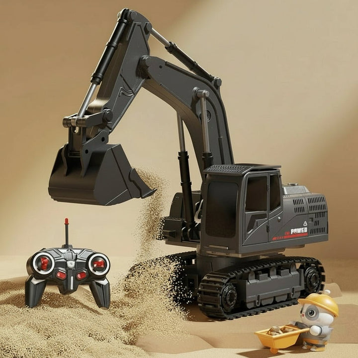 Full view of yellow metal RC excavator toy. Remote control construction vehicle for kids with realistic details.