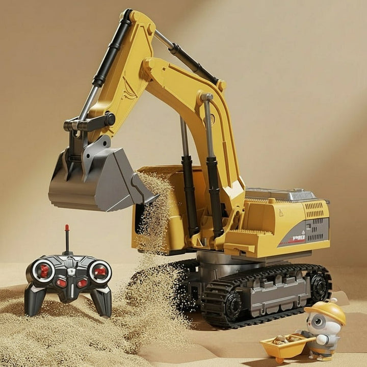 Top view of yellow metal RC excavator toy. Kids' remote control construction vehicle with lights & sounds, black accents.