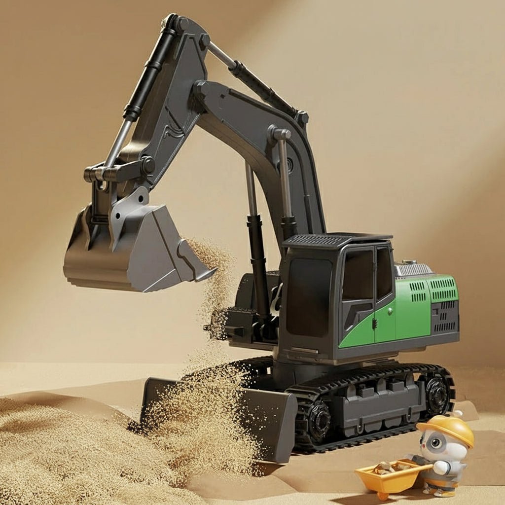 Yellow & black metal RC excavator toy. Remote control construction vehicle with working lights and realistic sounds.
