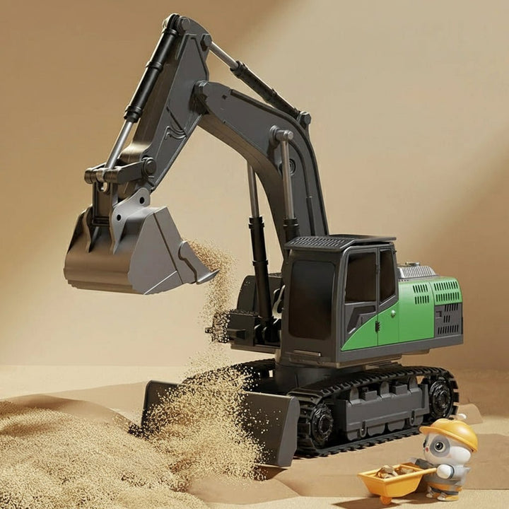 Yellow & black metal RC excavator toy. Remote control construction vehicle with working lights and realistic sounds.