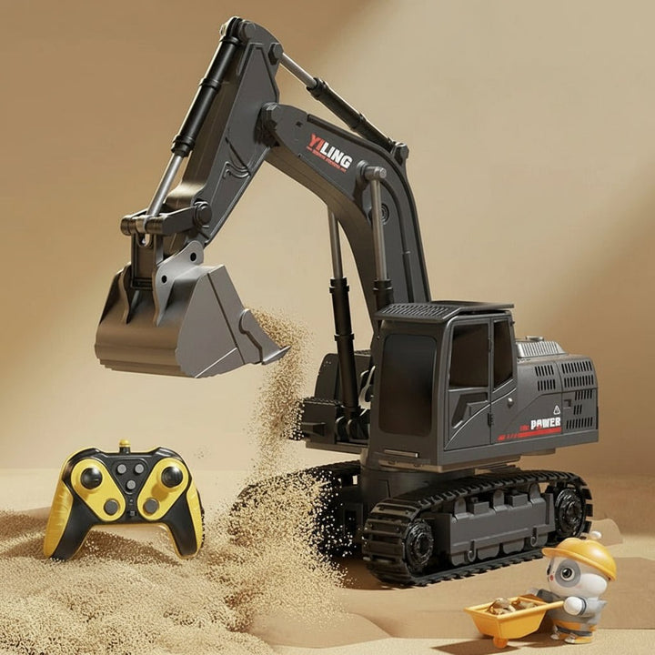 Kids playing with a yellow metal RC excavator toy. Remote control construction vehicle for imaginative fun, lights & sounds.