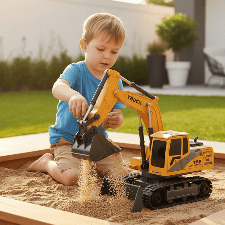 Durable metal RC excavator toy for kids. Remote control construction vehicle with realistic lights & sounds.