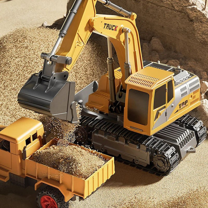 Yellow & black RC excavator toy with working lights & sounds. Kids' remote control metal construction vehicle.