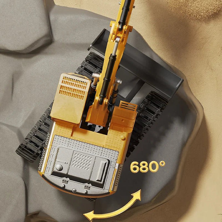 Child playing with yellow metal RC excavator toy. Remote control construction vehicle with lights & sounds.
