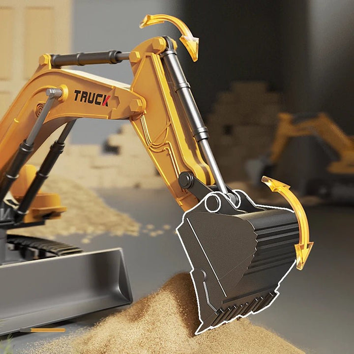 Yellow & black metal RC toy vehicle, an excavator for kids. Remote control construction fun with lights & sounds.