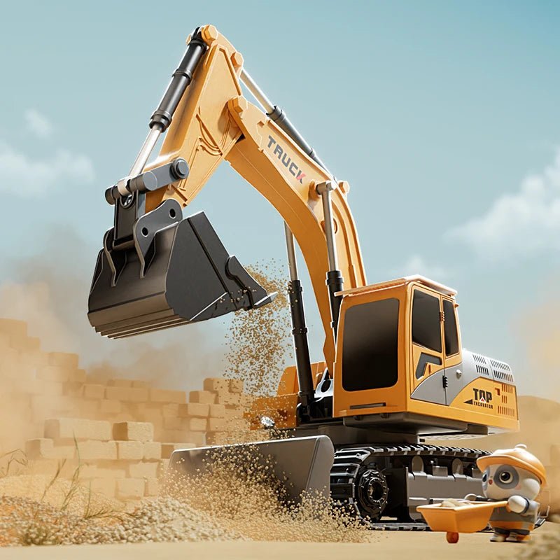 Kids' ultimate RC metal excavator toy. Remote control construction play vehicle with lights, sounds, yellow, black.