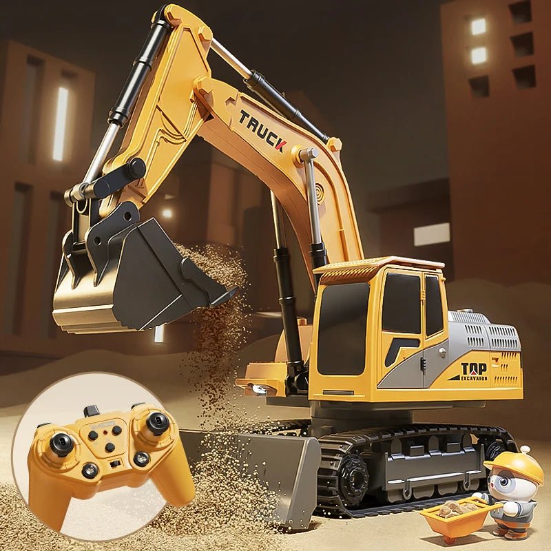 Dynamic shot of yellow metal RC excavator toy. Kids' remote control construction vehicle, realistic lights & sounds.