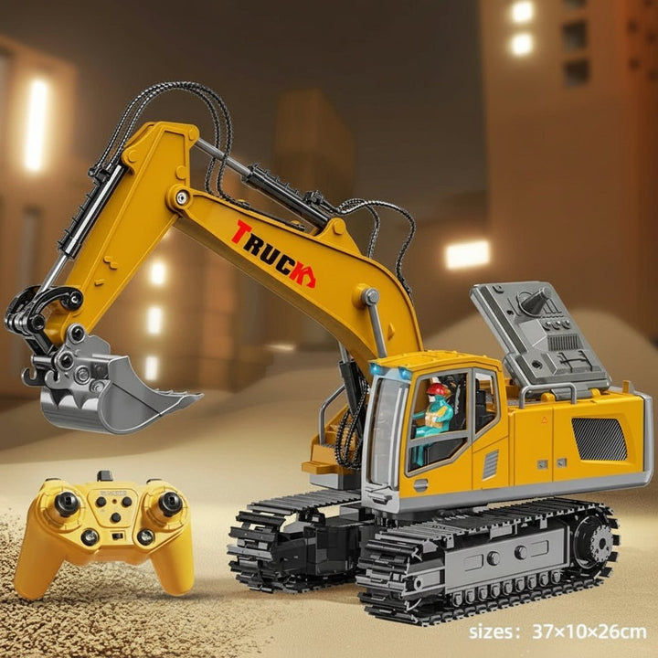 Detailed view of the yellow & black metal RC excavator toy for kids. Remote control construction vehicle fun.