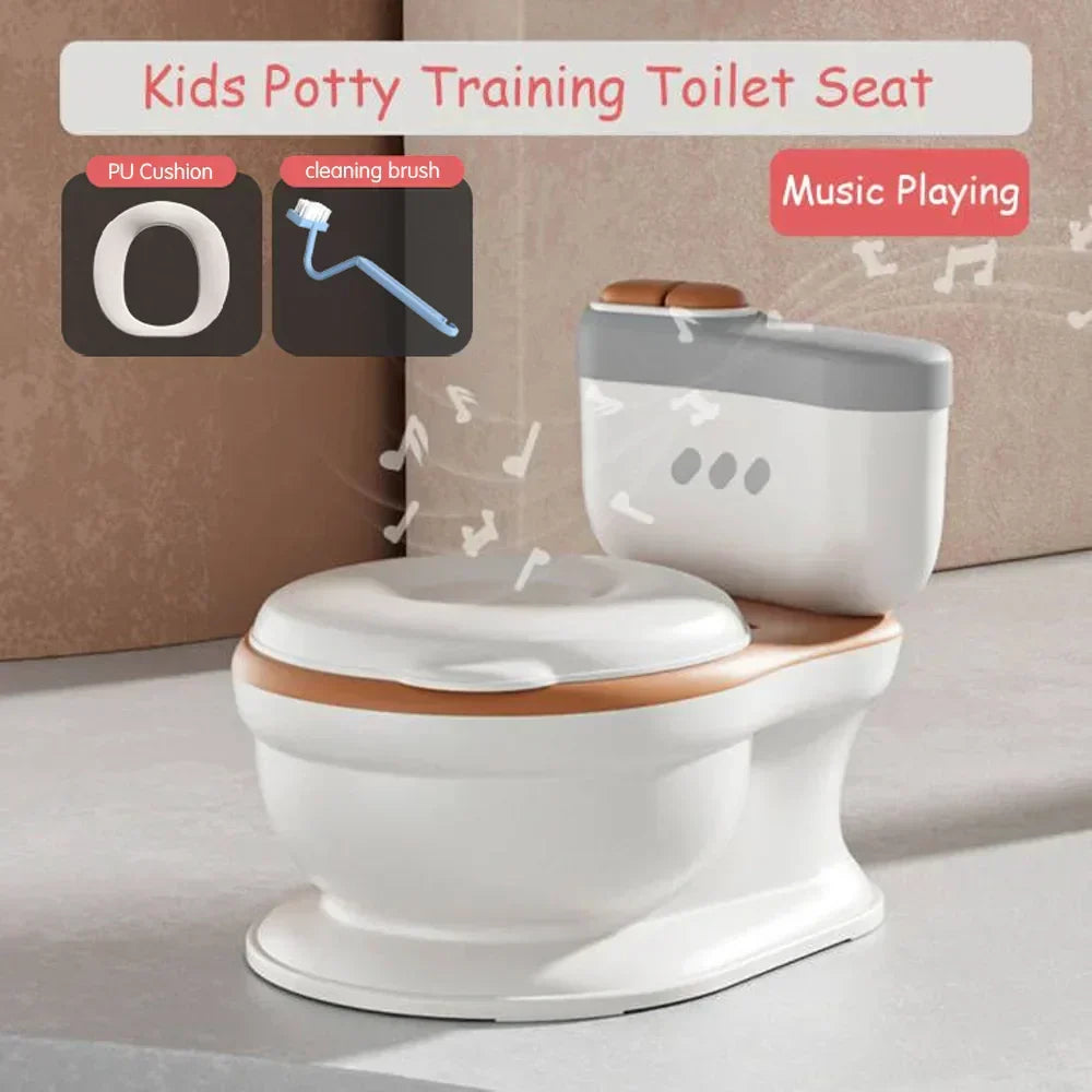 Child-friendly PottyPal training seat, realistic toilet design, soft cushion, playful music for kids' gear.