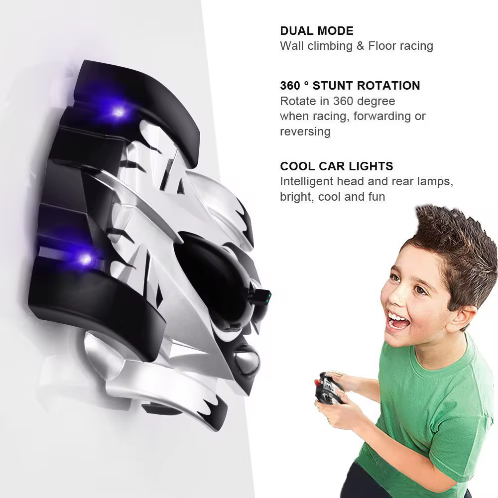 Rechargeable wall climbing remote control car, great kids toy for anti-gravity stunts.