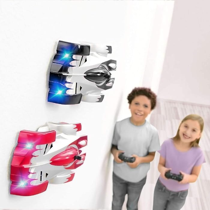 Electric wall climbing RC car, a gravity-defying stunt vehicle for kids' indoor fun.