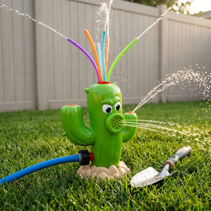 Kids' rotating cactus sprinkler, a fun water toy for outdoor play and summer backyard entertainment.