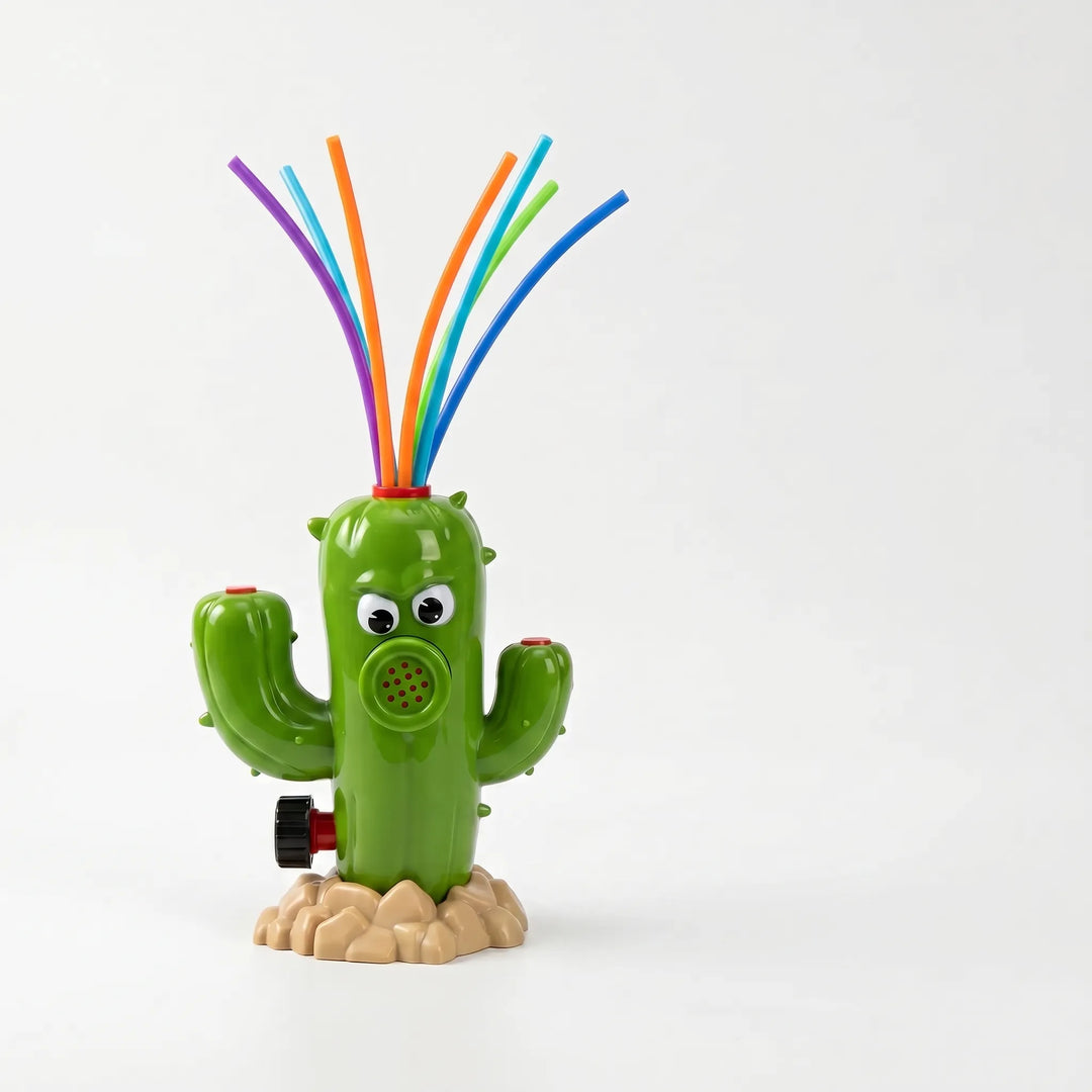 Children playing with a vibrant rotating cactus sprinkler, enjoying refreshing water jets in the garden.