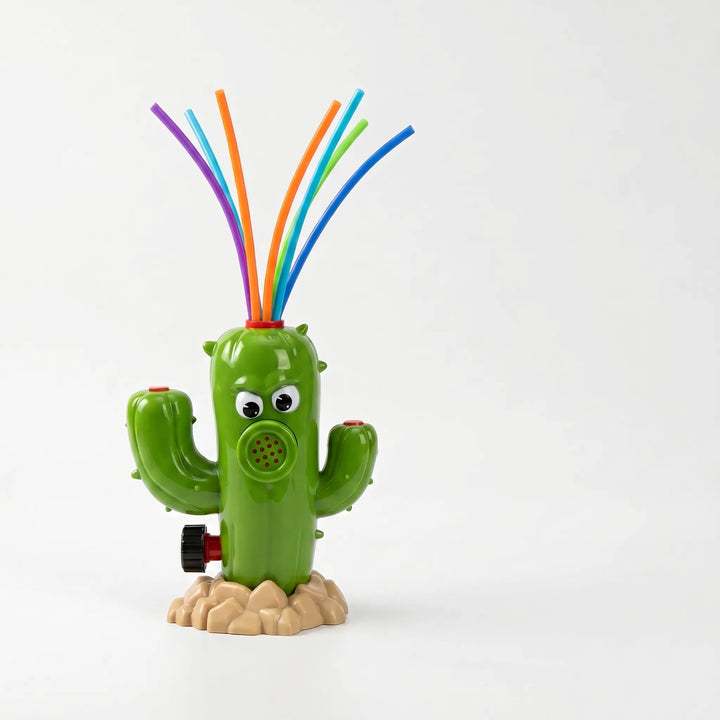 Children playing with a vibrant rotating cactus sprinkler, enjoying refreshing water jets in the garden.