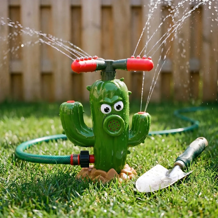 Exciting kids' garden sprinkler, a rotating cactus water toy bringing cool summer fun to any backyard.