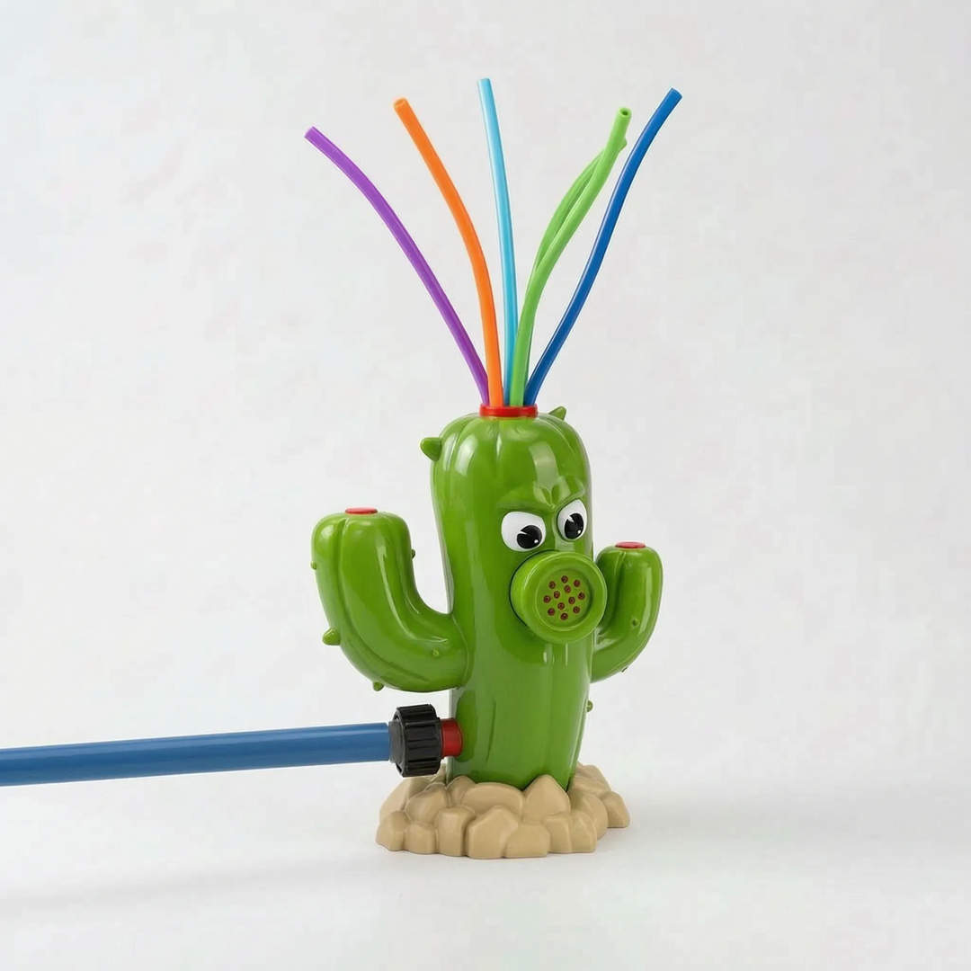 Outdoor rotating cactus sprinkler, a fun water toy for kids' summer play and backyard entertainment.